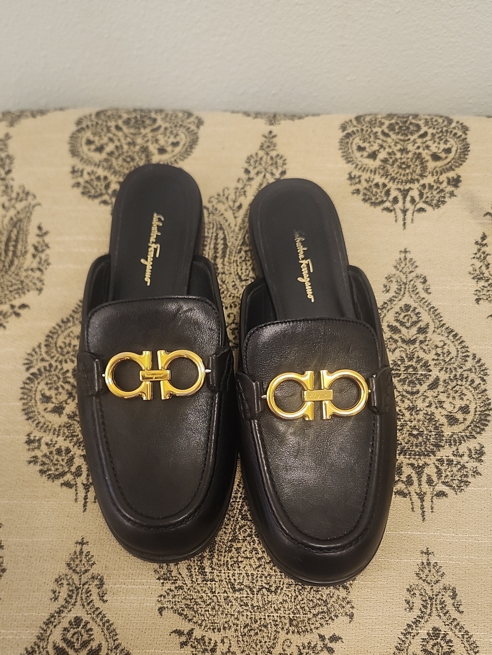 Salvatore Ferragamo Black Leather Gancini Backless Mules with Gold Hardware